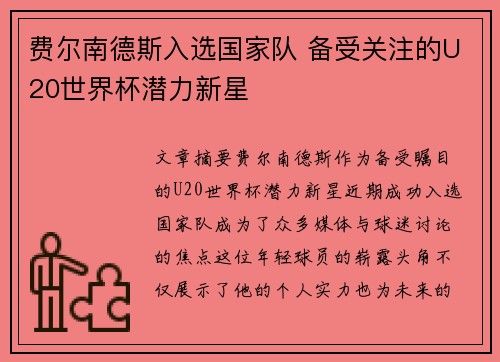 费尔南德斯入选国家队 备受关注的U20世界杯潜力新星 费尔南德斯入选国家队 备受关注的U20世界杯潜力新星