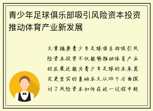 青少年足球俱乐部吸引风险资本投资推动体育产业新发展